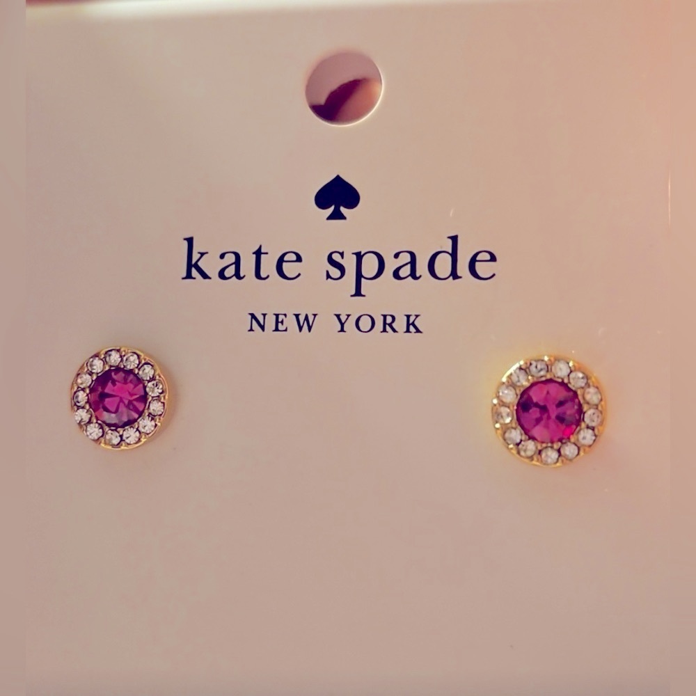 Late Spade “You're A Gem” Pink and Gold Stud Pave Halo Stud earrings w/dust bag - Picture 5 of 6